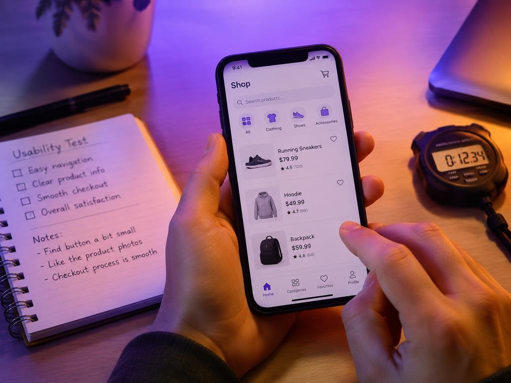 App-Test auf dem Smartphone mit Notizblock und Stoppuhr
