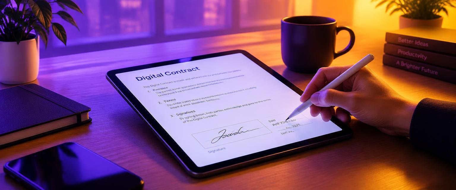 Digitaler Vertrag wird auf einem Tablet unterschrieben