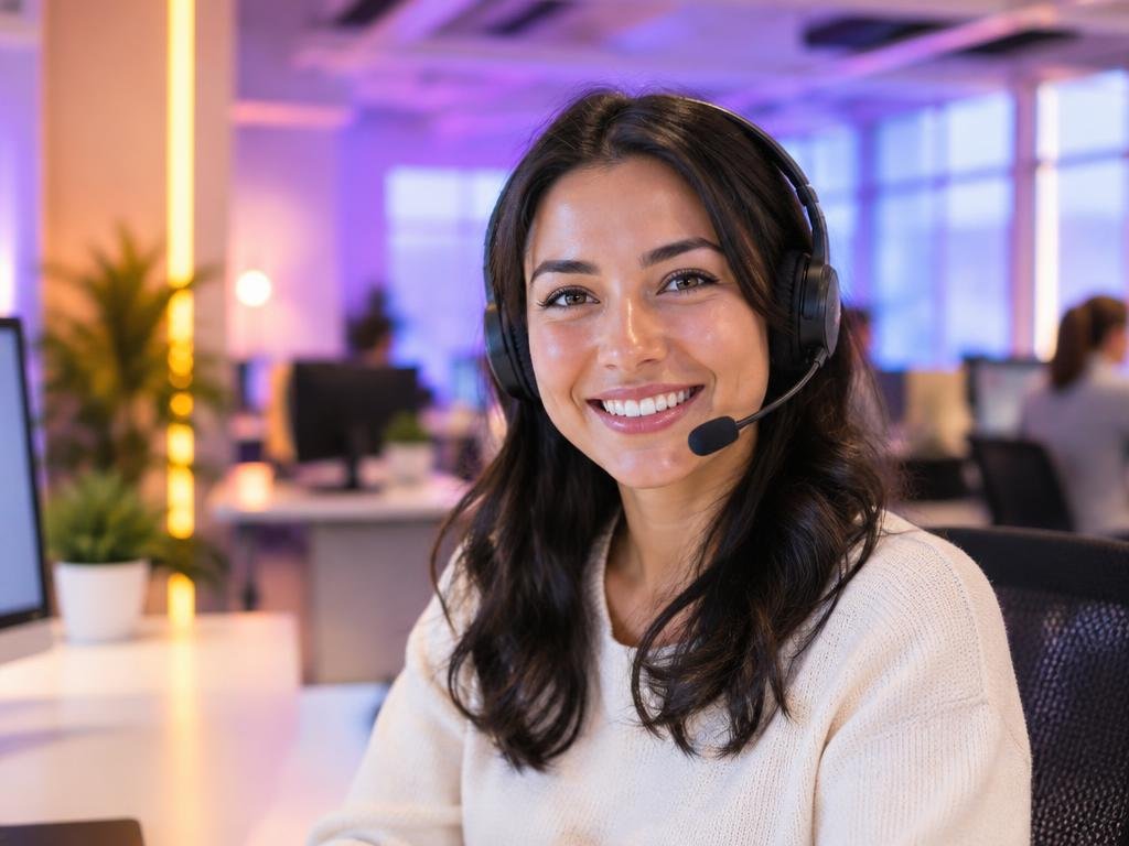 Support-Mitarbeiterin mit Headset im Büro